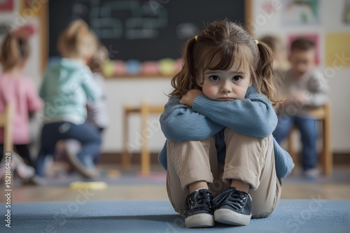 Sad girl sitting alone in a classroom while other children play in the background, concept of bullying and social exclusion in school. Lonely child. Depressed young girl feeling excluded and alone