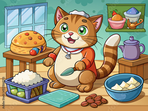 vector of A brown cat kneading dough for biscuits with flour on its paws...