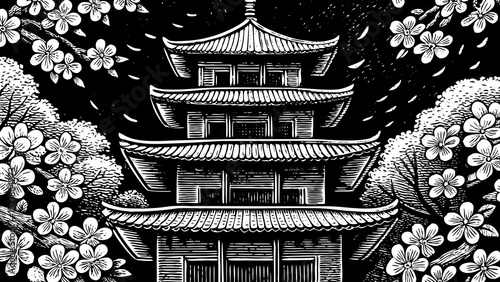 A black and white sketch vector of a traditional Asian pagoda surrounded by cherry blossoms