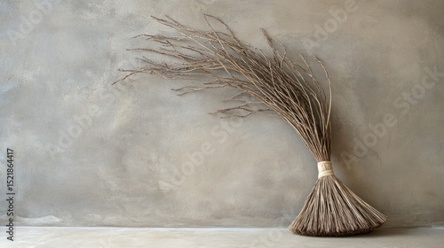 A bundle of dried branches resting against a concrete wall