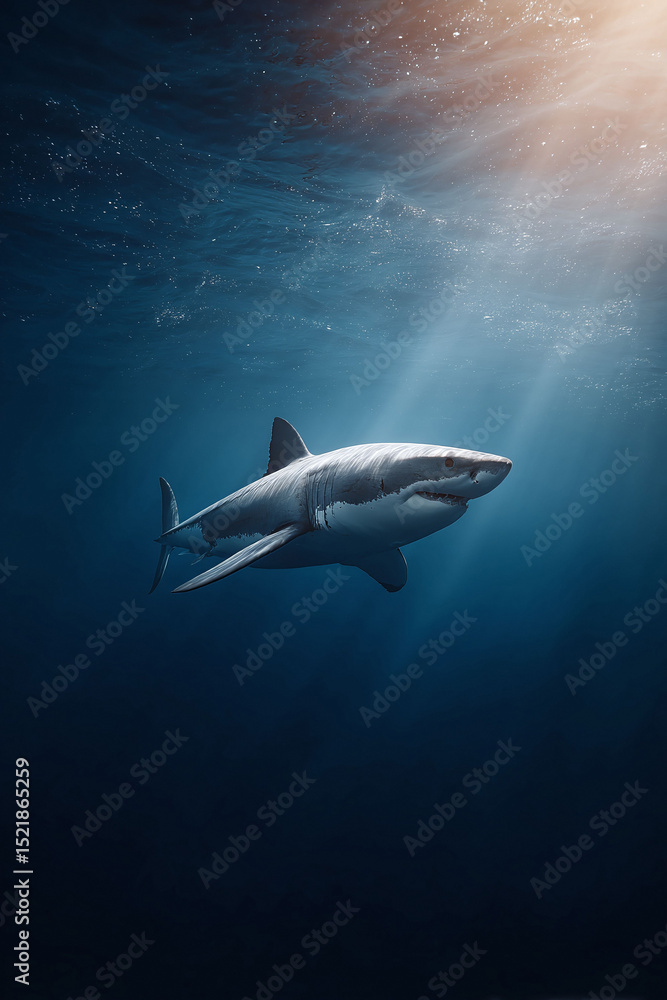 Fototapeta premium Majestic great white shark gracefully glides through deep ocean, sunbeams illuminating its powerful form.