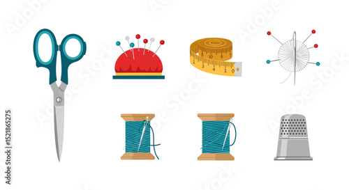 Illustration of sewing kit with scissors, pin cushion, tape measure, needle, thread and thimble tools