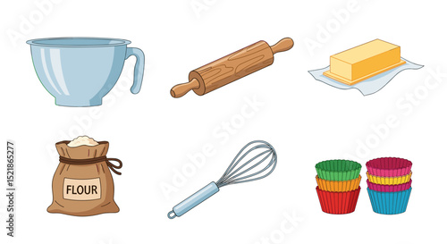 Illustration of baking tools including a bowl rolling pin butter flour whisk and cupcake liners on white