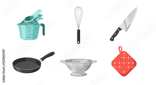 Illustration of kitchen utensils including measuring cups whisk knife pan colander and pot holder items