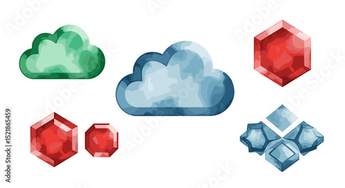 Watercolor illustration of green and blue clouds with red and blue gemstones on a white background