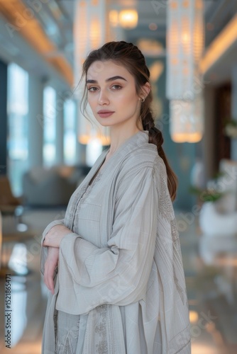 Sevca poses indoors, bathed in soft light wearing a light grey jas with delicate details, textures clear and elegant.