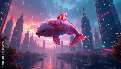 Red Fish Over Cityscape