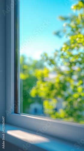 Bright sunshine streaming through a window highlights fresh green leaves in a quiet neighborhood setting