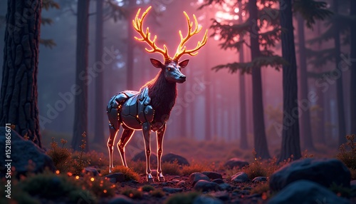 Robotic Deer in Forest with Glowing Antlers