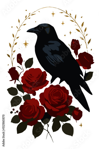 Elegant black raven with red roses and golden branches, gothic romantic illustration in vintage style for tattoo or dark decor