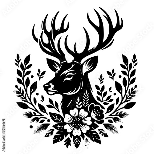 deer, tattoo, vector, illustration, design, animal, flower, art, silhouette, floral, pattern, decoration, set, black, symbol, nature, christmas, butterfly, element, ornament, tribal, reindeer, drawing