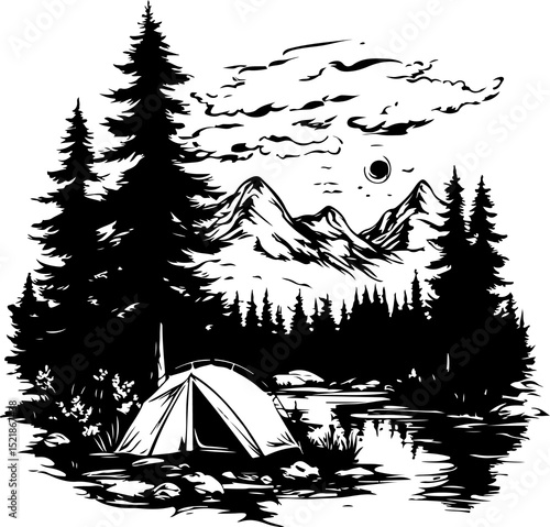 vector, illustration, tree, nature, landscape, christmas, night, sky, design, sea, drawing, winter, mountain, water, silhouette, camping, art, tent, symbol, snow, star, grunge