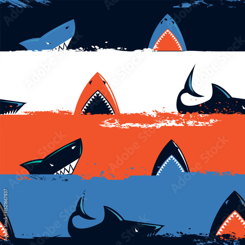 Vector seamless Pattern with sharks and linear background. Ornament silhouettes of underwater Sea Fish, brush stroke waves. Print for kids wear, summer prints,ocean-themed products