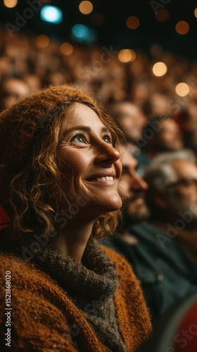 Joyful woman enjoying a performance among a captivated audience in a cozy venue during an evening event