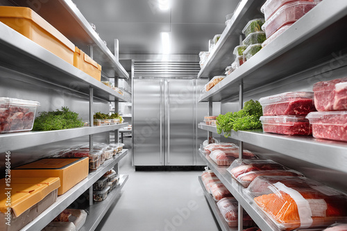 Fototapeta Naklejka Na Ścianę i Meble -  Organized commercial refrigerator stocked with fresh produce, meat, and ingredients. Represents efficiency, preparation, and food service quality control.