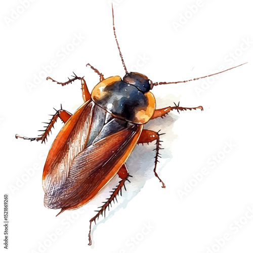 Cockroach Close Up, watercolor illustration vector, high quality, isolated on a white background.