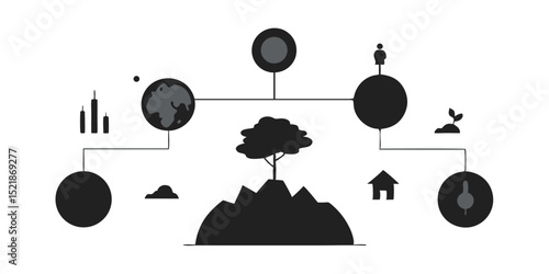 Vector illustration showing a tree on fire with communication and business concept icons