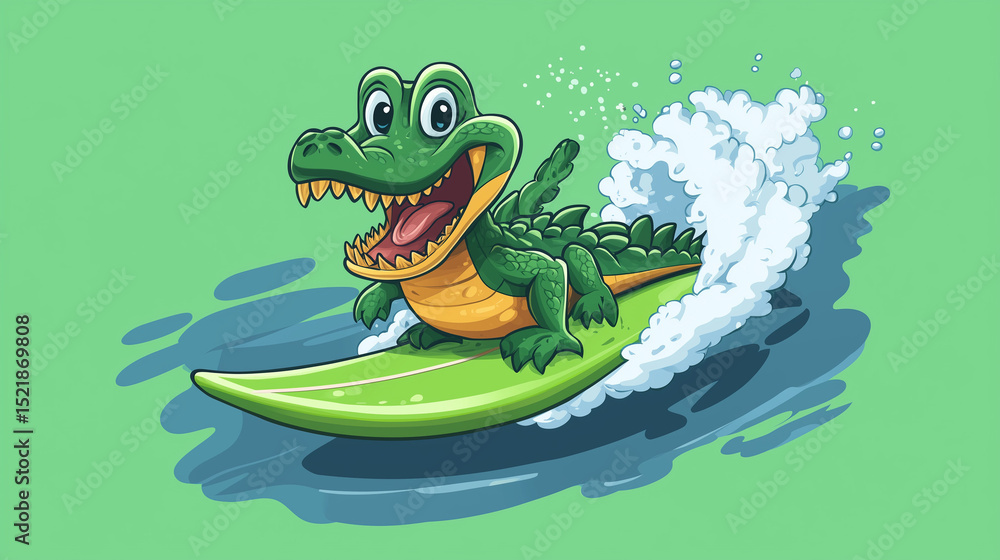 Fototapeta premium Flat cartoon vector of a surfing crocodile, a playful animal icon perfect for sports, summer, and beach-themed graphics.