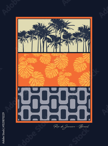 Graphic style illustration with elements of the city of Rio de Janeiro, Brazil.