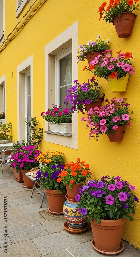 Naklejka premium Flowers pots decoration building exterior european
