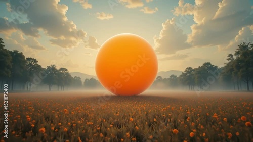 4K Serene Field of Orange Flowers with Glowing Celestial Sphere & Silhouetted Trees