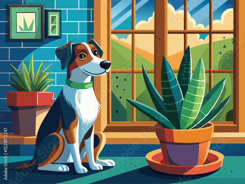 vector of A dog is sitting calmly next to a potted aloe vera plant by the window.