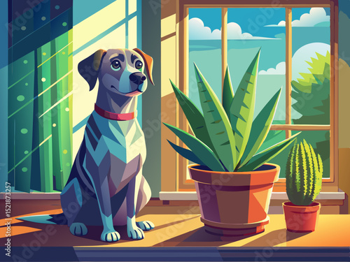 vector of A dog is sitting calmly next to a potted aloe vera plant by the window.