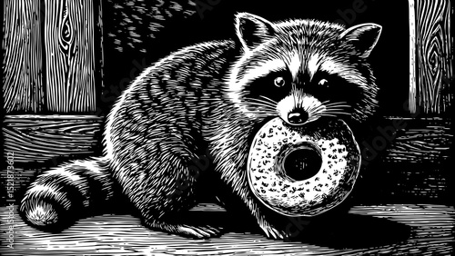 A black and white sketch vector of a cute raccoon holding a donut