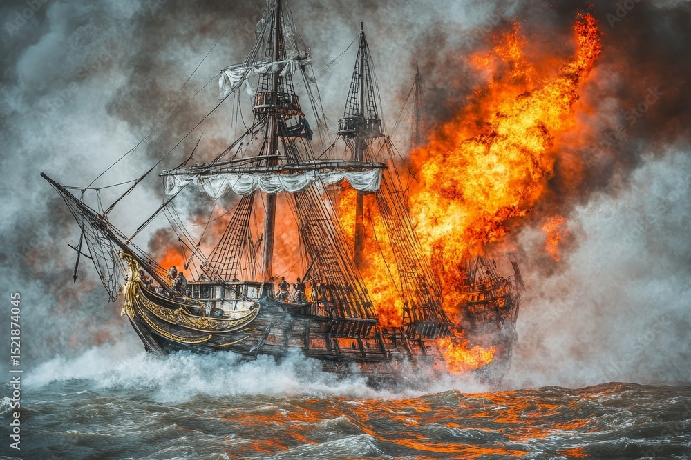 Fototapeta premium In a 3D illustration, a 16th-century naval battle rages on between sailing ships and galleons, with pirate boats burning in the ocean and cannons firing flames