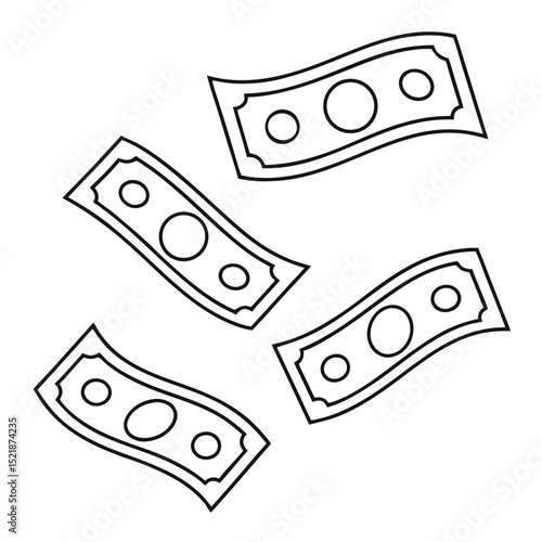Black and white outline illustration of flying dollar banknotes on a white background