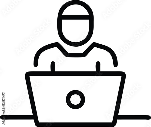 Black line art silhouette of a person working on laptop in a coworking space