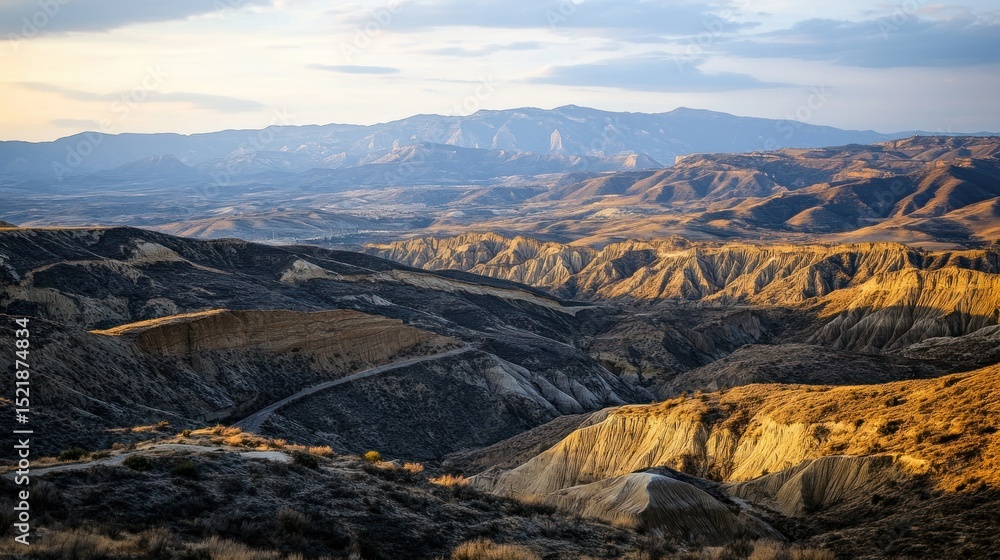Fototapeta premium Majestic landscape of canyons and distant mountains under sunlight