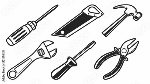 Collection of Hand Tools Screwdrivers, Hammer, Saw, Wrench, Pliers - DIY Repair Kit Illustration