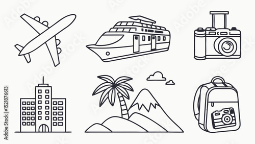 Travel Icon Set Airplane, Cruise Ship, Camera, City, Beach, Backpack - Line Art Illustrations