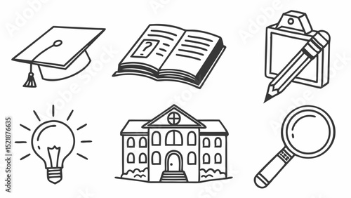 Education Icons Graduation Cap, Books, School Building, and More