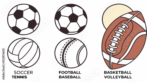 Collection of Sport Balls Soccer, Football, Basketball, Baseball, Volleyball, Tennis Illustrations