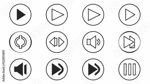 Collection of Simple Media Player Icons Play, Pause, Volume, and Rewind