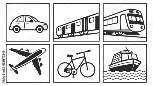 Transportation Icons Car, Train, Airplane, Bicycle, Ship, Subway
