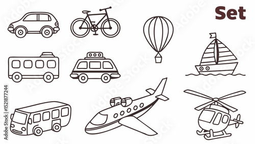 Transportation Icons Car, Bicycle, Bus, Airplane, Helicopter, Hot Air Balloon, Sailboat - Vector Illustration Set
