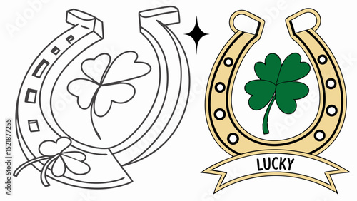 Lucky Horseshoe and Four-Leaf Clover Tattoo Designs Line Art and Colored Version