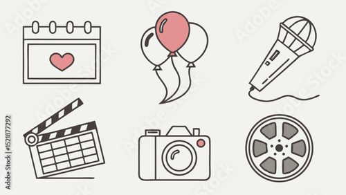 Event Planning Icons Calendar, Balloons, Microphone, Clapperboard, Camera, Film Reel - Vector Illustration