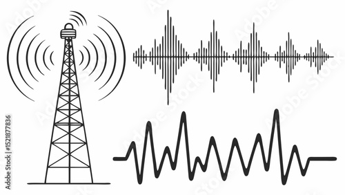 Communication Tower and Radio Waves Illustration of Wireless Technology