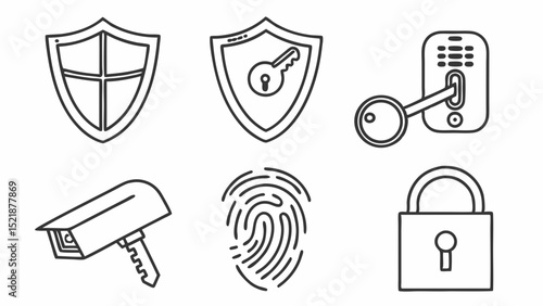 Security System Icons Shield, Key, Fingerprint, Lock, CCTV Camera - Line Art Illustrations