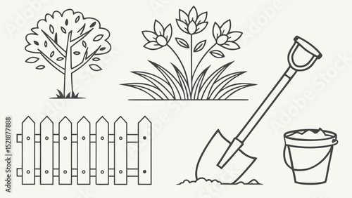 Gardening Line Art Trees, Flowers, Fence, Shovel, and Bucket Illustrations