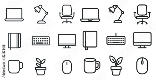 Modern office essentials: icon set of furniture, technology, and decor elements
