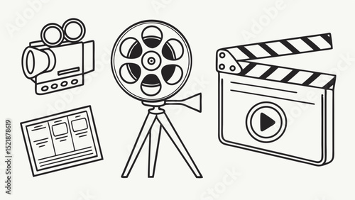 Filmmaking Equipment Icons Camera, Film Reel, Clapperboard, Storyboard