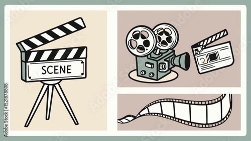Vintage Filmmaking Equipment Illustration Clapperboard, Camera, Film Reel