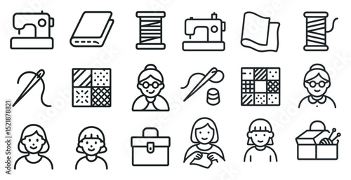 Sewing and knitting essentials with needlework icons for creative projects