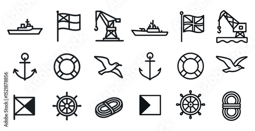 Nautical icon set featuring ships, anchors, cranes, and marine symbols for design projects
