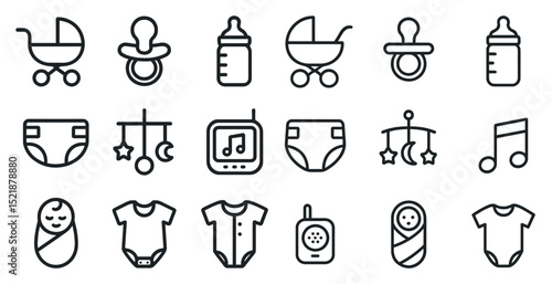 Baby essentials icons collection for nursery and parenting design